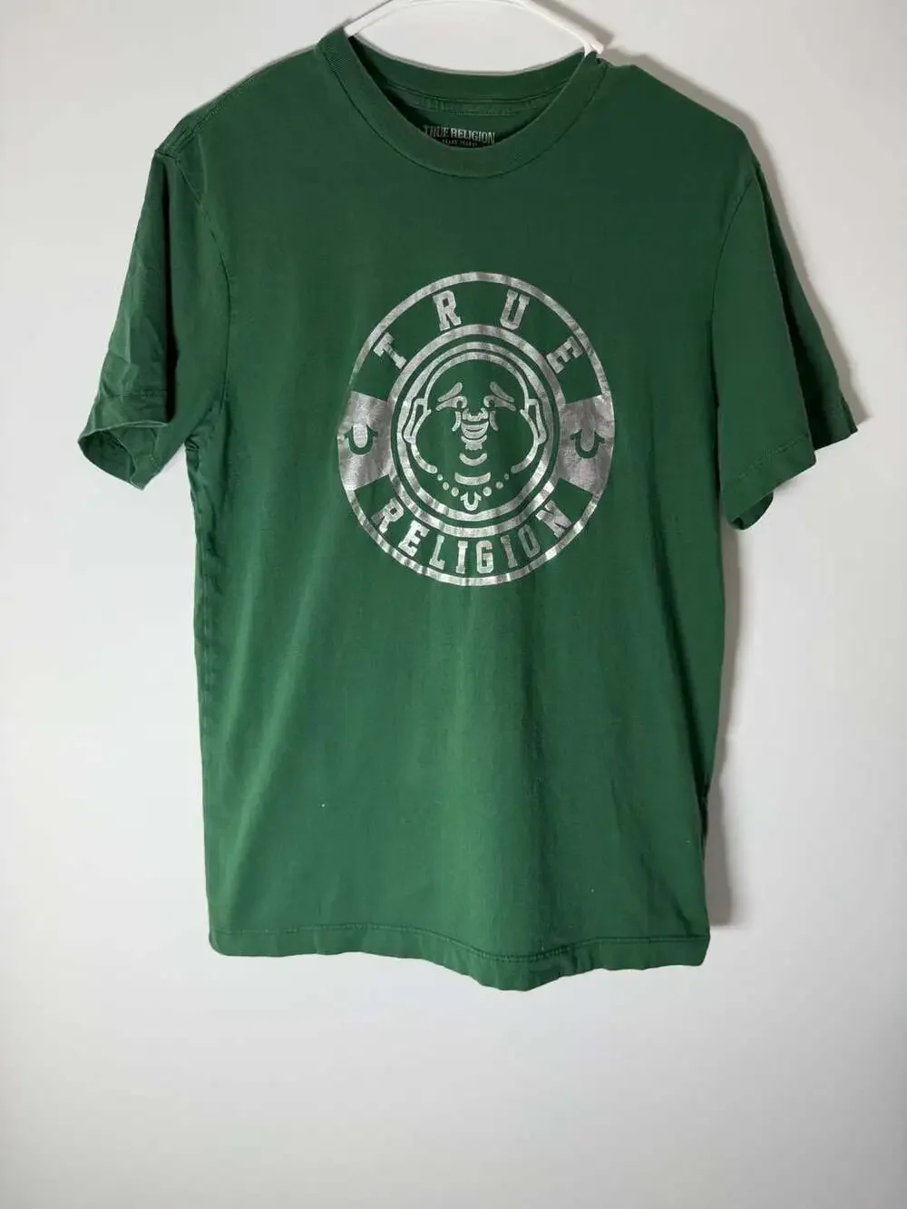 True Religion Buddha Face Graphic Tee Green & Silver Mens Size S